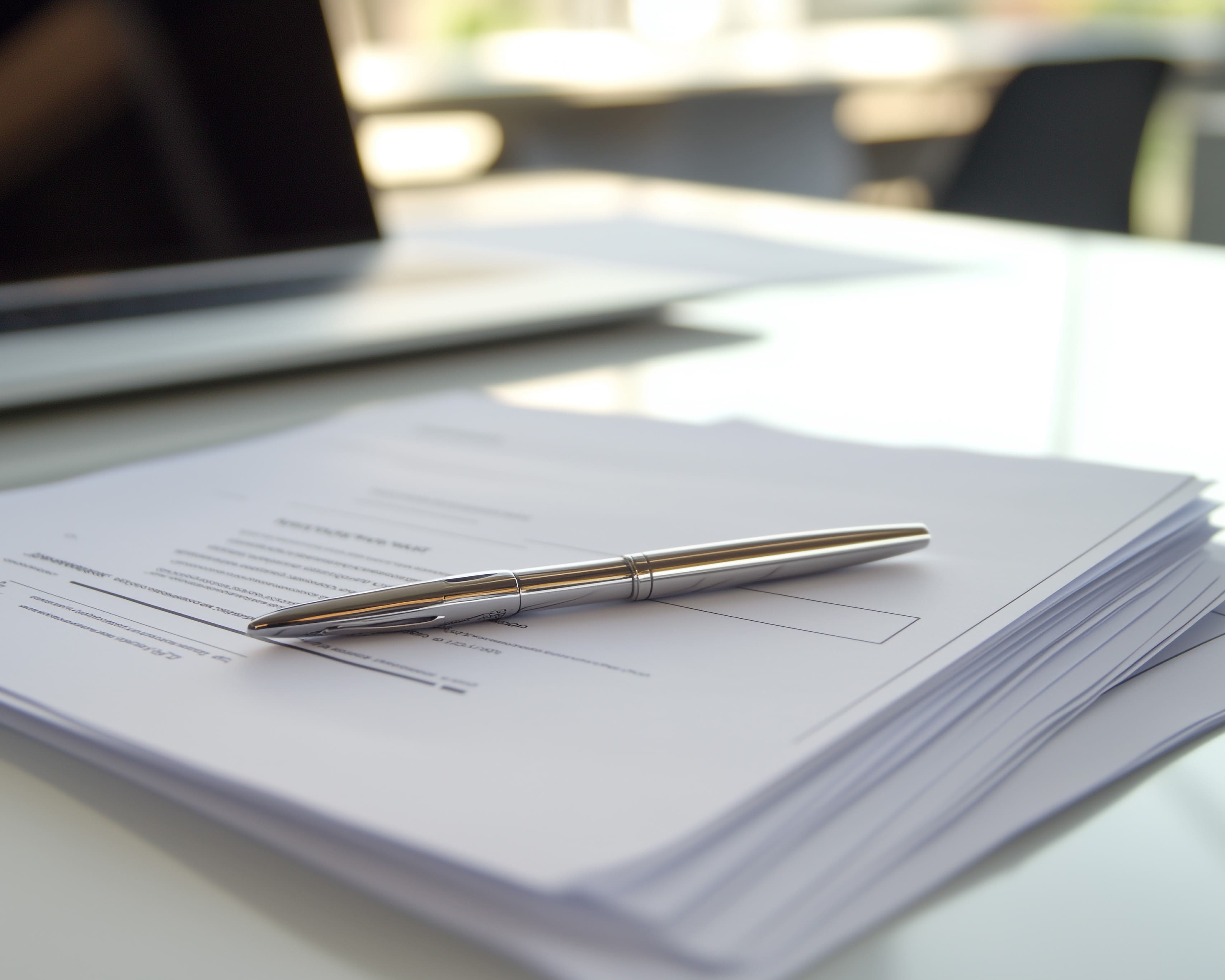 書類の束の上にボールペンが置かれ、背景にノートパソコンが映るデスク上の風景